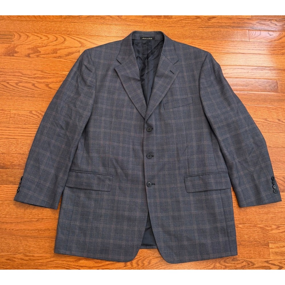 Faconnable Sport Coat Blazer Jacket Mens 48R Wool Blue Brown Glen Plaid Italy